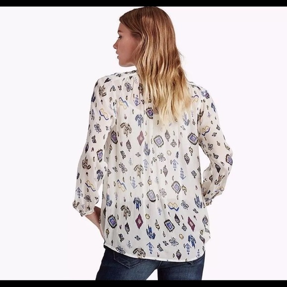 Lucky Brand Aztec Boho Print Sheer Henley Blouse Size L Natural Long Sleeve - Picture 2 of 7